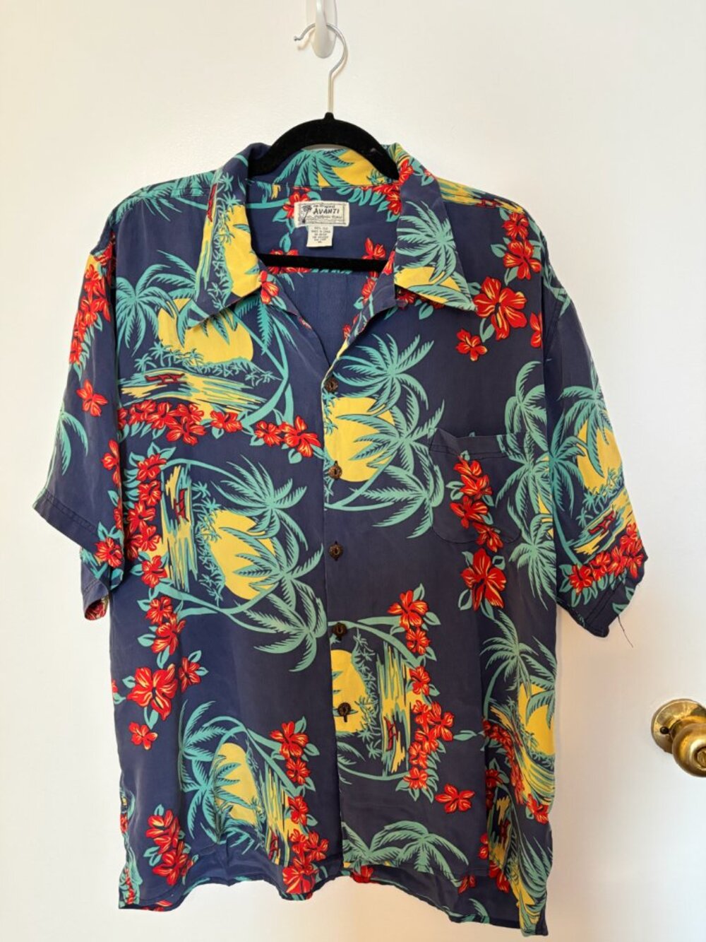 Vintage Avanti 100% Silk Palm Tree Hawaiian Shirt Mens Size XL